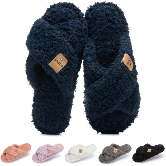 ⚡Women’s Navy Blue Faux Fur Cozy Fuzzy Cross Band Slippers House Shoes - Picture 1 of 6